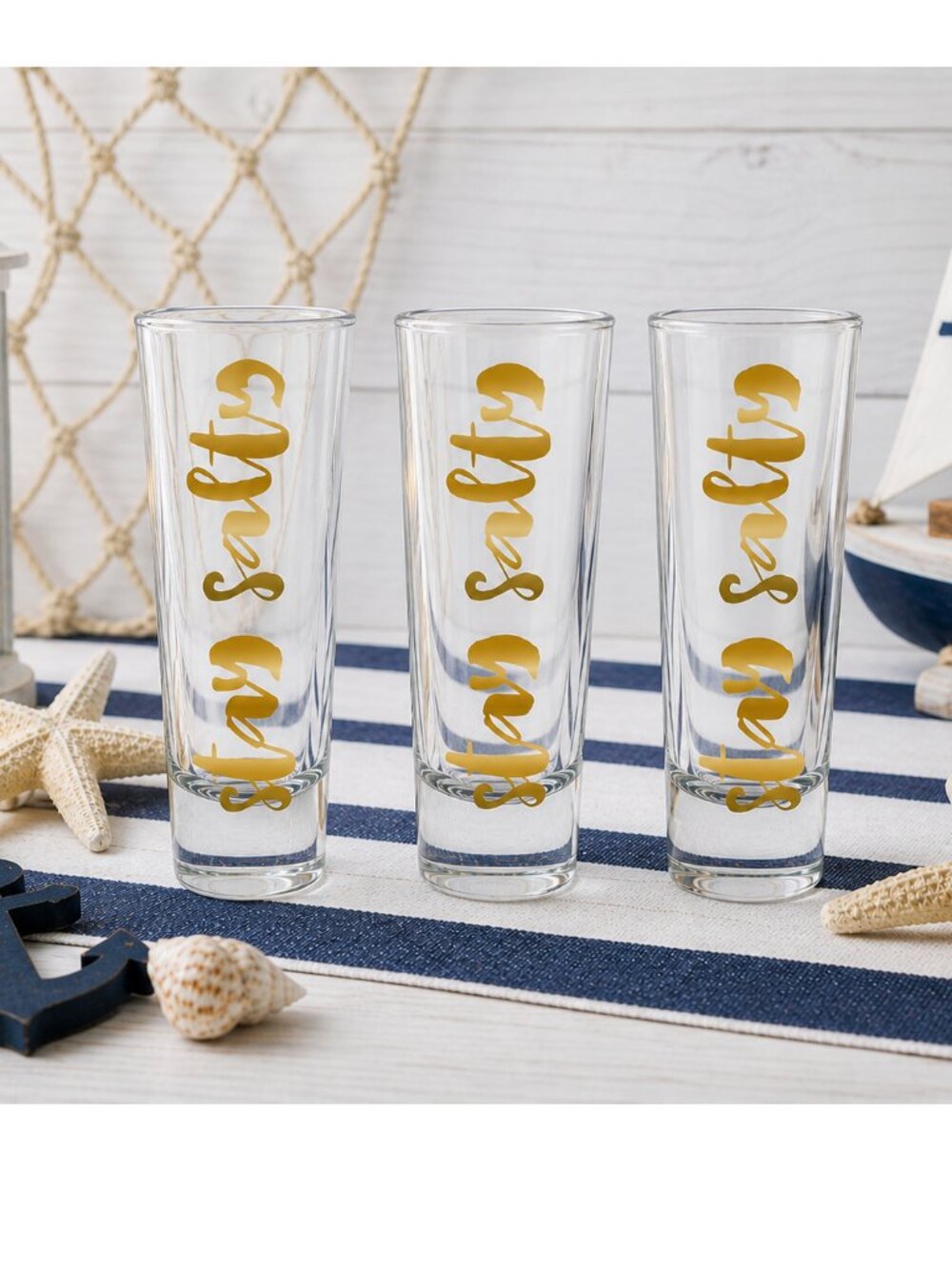 Stay Salty Nautical Gold Foiled Shot Glasses  - Set of 3